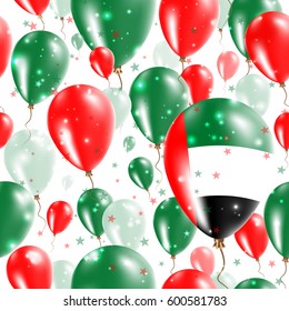 UAE Independence Day Seamless Pattern. Flying Rubber Balloons in Colors of the Emirian Flag. Happy UAE Day Patriotic Card with Balloons, Stars and Sparkles.