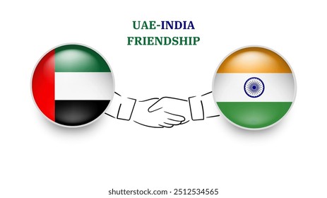 Las banderas de la India y los Emiratos Árabes Unidos en círculo con la mano temblorosa. La amistad de los Emiratos Árabes Unidos y la India, aisladas sobre fondo blanco. Vector