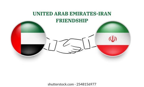 Las banderas de los Emiratos Árabes Unidos e Irán en círculo con la mano temblorosa. La amistad de los Emiratos Árabes Unidos e Irán. Las banderas de los Emiratos Árabes Unidos e Irán, aisladas sobre fondo blanco. Ilustrador de Vector