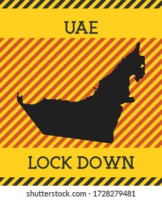 UAE lockdown sign with yellow pandemic danger icon for COVID-19 safety measures.