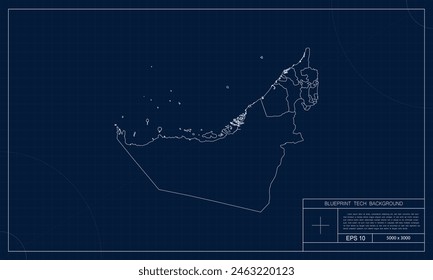 UAE Map with Blueprint Tech Style Background.