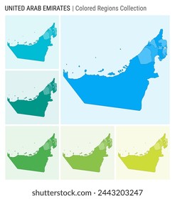 UAE map collection. Country shape with colored regions. Light Blue, Cyan, Teal, Green, Light Green, Lime color palettes. Border of UAE with provinces for your infographic. Vector illustration.