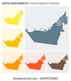 In: UAE Map Kollektion. Form des Countrys mit farbigen Bereichen. Blau grau, gelb, bernsteinfarben, orange, tieforange, braune Farbpaletten. Grenze der VAE mit Provinzen für Ihre Infografik. Vektorillustration.