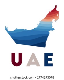 UAE map. Map of the country with beautiful geometric waves in red blue colors. Vivid UAE shape. Vector illustration.