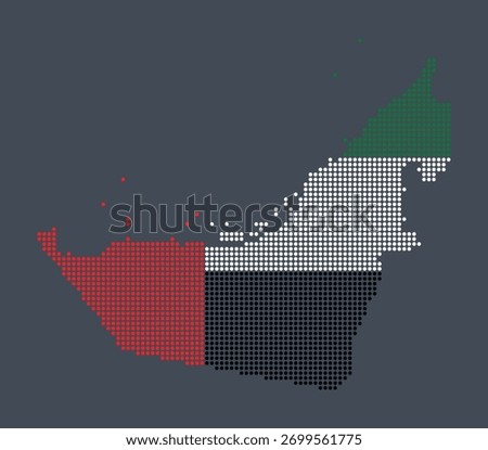 UAE map with flag colors in dotted style vector illustration on dark background