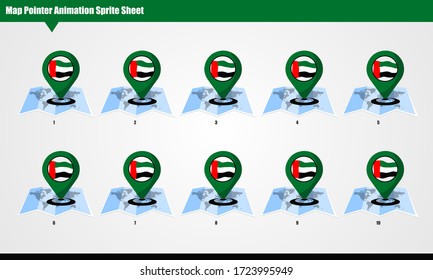 UAE  Map marker with animated flag Sprite Sheet. Smooth waving animation sprites on white background.