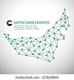 UAE map in polygonal network style with circle flag and information.(EPS10 art vector)