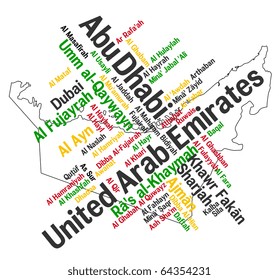 UAE map and words cloud with larger cities