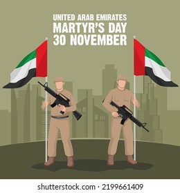 Ilustración vectorial del Día de los Mártires de los EAU. Adecuado para carteles y banner de tarjetas de felicitación. Traducción: Feliz Día de los Mártires en Emiratos Árabes Unidos 