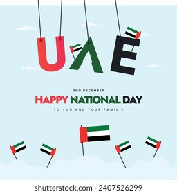 UAE National day 2nd December celebration banner. Happy UAE national day to you and your family. UAE national day social media post and banner with hanging letters U, A,E. 