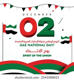 UAE National Day 2nd December. UAE national day celebration banner with its flags abstract art elements. Arabic translation: UAE national day. The day recalls country's formal nationalisation.