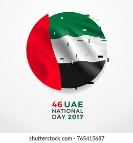 UAE National Day 46. Realistic national flag with folds with geometric objects. Easy to use in your design layout of posters, banners, postcards, flyers.