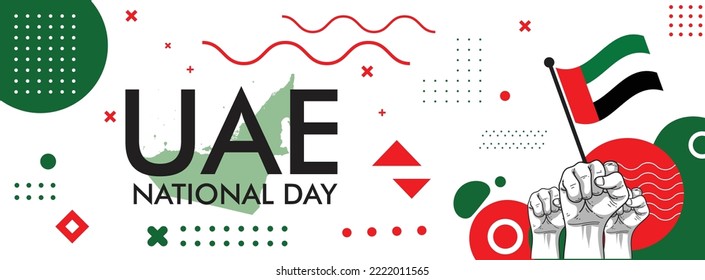 UAE national day banner with UAE flag red green colors theme background and geometric abstract retro modern design, people protest or UAE supporters. Raised Fists Vector Illustration