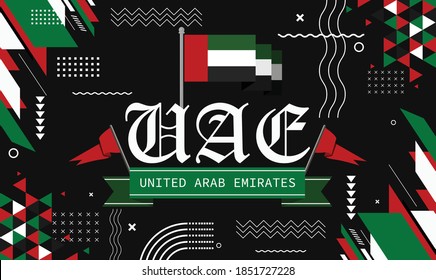 UAE national day banner for independence day anniversary. Flag of united arab emirates & modern geometric retro abstract design. Red green color theme. 