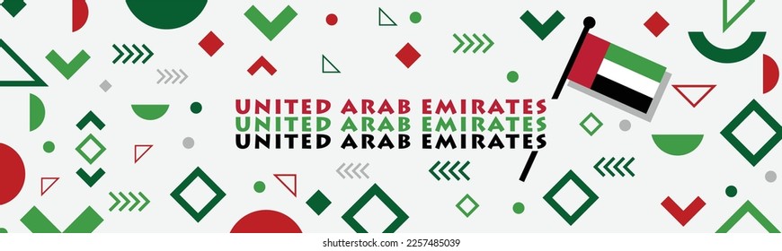 UAE national day banner for independence day. Flag of United Arab Emirates and modern geometric abstract design. Red green black theme. Country name in Arabic calligraphy. Dubai landmarks.
