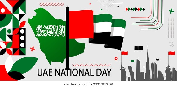 UAE national day banner for independence day. Flag and map of the United Arab Emirates.  Red, green, black, and white color theme. Arabic calligraphy stating "Long Live My Country" Vector illustration