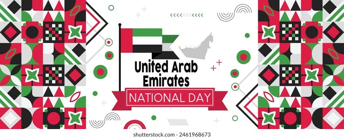 UAE national day banner for independence day anniversary. Flag map of united arab emirates.  modern geometric retro abstract design. Red green black theme. 