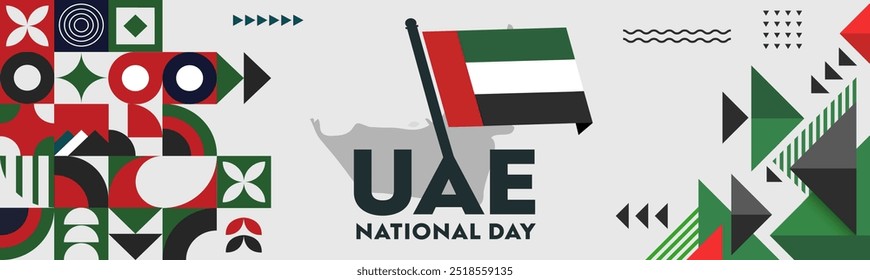 Banner do Dia Nacional dos EAU para o Dia da Independência. Bandeira dos Emirados Árabes Unidos e design geométrico abstrato moderno. Nome do país em caligrafia árabe. Ilustração Vetorial de Dubai.