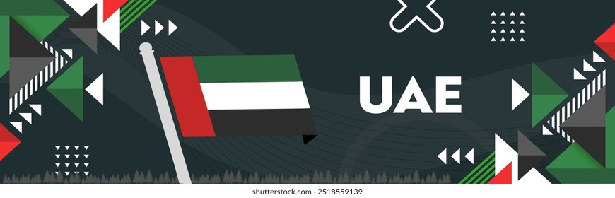 UAE national day banner for independence day. Flag of United Arab Emirates and modern geometric abstract design. Country name in Arabic calligraphy. Dubai Vector Illustration.