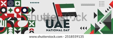 UAE national day banner for independence day. Flag of United Arab Emirates and modern geometric abstract design. Country name in Arabic calligraphy. Dubai Vector Illustration.