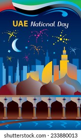 UAE National Day Calibration, United Arab Emirates City at Night, enjoying Fireworks (Vector Art)