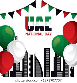 Uae national day with city buildings and balloons design, arab spirit and holiday theme Vector illustration