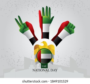 Día Nacional de los Emiratos Árabes Unidos, banderas en diferentes manos, diseño de aves y placa, ilustración vectorial