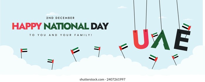 UAE National Day. Happy National Day UAE celebration cover banner with hanging letters UAE. 2nd December UAE's national day celebration. Uniter Arab Emirate Flag Day Vector.