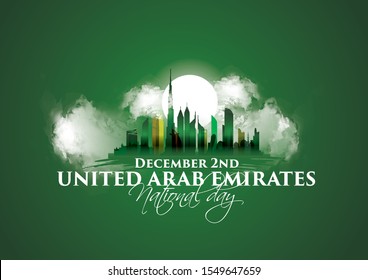 UAE national day illustration banner with UAE national flag. Inscription in Arabic Spirit of the union, National day 48, United Arab Emirates. Anniversary Celebration Card 2 December. UAE 48 Independe