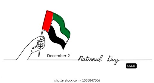 UAE National Day vector background. One continuous line drawing concept with hand, United Arab Emirates UAE flag,lettering.