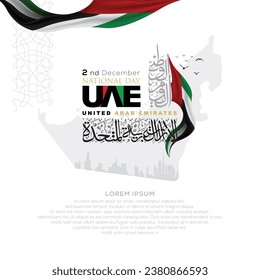 UAE National Flag With Arabic Calligraphy Vector Design for Greeting, Background, Wallpapaer, Card, Cover. Translation Of Text : Spirit of the union United Arab Emirates National day 2 nd December