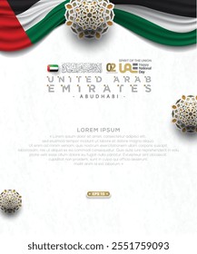 UAE National Flag With Arabic Calligraphy Vector Design And Floral Pattern. Translation Of Text : Spirit of the union United Arab Emirates National day 2 nd December