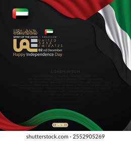 UAE National Flag With Arabic Calligraphy Vector Design. Translation Of Text : Spirit of the union United Arab Emirates National day 2 nd December