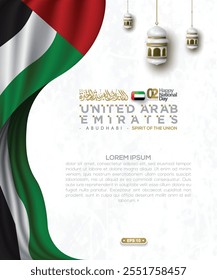 UAE National Flag Greeting Card With Arabic Calligraphy Vector Design. Translation Of Text : Spirit of the union United Arab Emirates National day 2 nd December