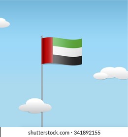 UAE national flag in te floating clouds. Stylized vector illustration.