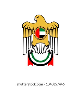 UAE official national state symbols: flag, coat of arms Standard of the president isolated. Original and simple United Arab Emirates flag isolated in official colors and Proportion