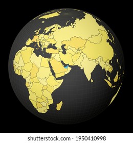 Emiratos Árabes Unidos en globo oscuro con mapa del mundo amarillo. País resaltado con color azul. La proyección mundial por satélite se centró en los Emiratos Árabes Unidos. Increíble ilustración vectorial.
