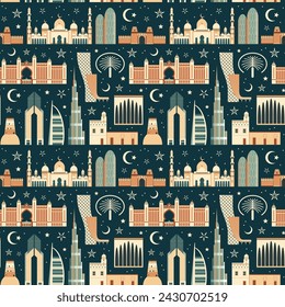 UAE pattern with architectural symbols, landmarks and ornaments. Travel Emirates seamless background with tourist attractions, historical buildings and modern skyscrapers of Dubai and Abu Dhabi.