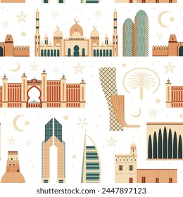UAE pattern with architectural symbols, landmarks and ornaments. Travel Emirates seamless background with tourist attractions, historical buildings and modern skyscrapers of Dubai and Abu Dhabi.