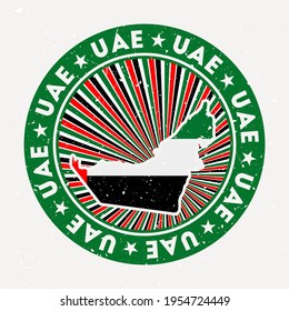 UAE round stamp. Logo of country with flag. Vintage badge with circular text and stars, vector illustration.