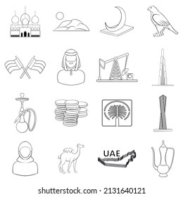 UAE set icons in outline style isolated on white background