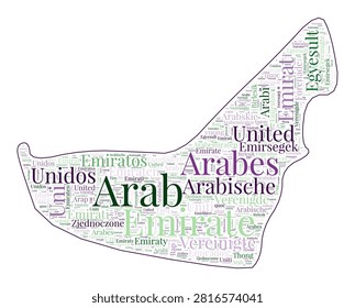 UAE shape filled with country name in many languages. UAE map in wordcloud style. Superb vector illustration.