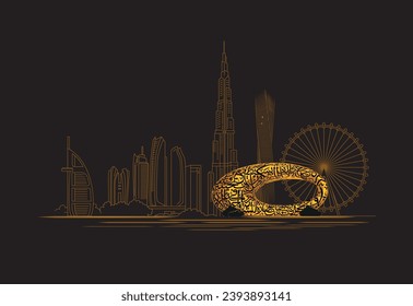 UAE Skyline view for the city vector illustration with future museum. UAE most popular buildings and landmark vetor illustration black background