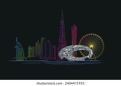 UAE Skyline-Ansicht für die Stadt Vektorgrafik mit künftigem Museum. VAE beliebteste Gebäude und Wahrzeichen, Vektorgrafik, schwarzer Hintergrund