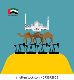 UAE Structure. Sheikh "Zayed" mosque white is based on three camels. Camels stand on oil rigs. petroleum pumps are on desert. Infographics  United Arab Emirates