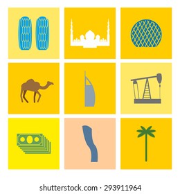 UAE symbol  icons set. Camels and oil pumps. Palm trees and skyscrapers. Vector Flat design.