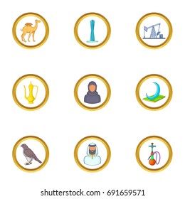 UAE symbols icons set. Cartoon set of 9 UAE symbols vector icons for web isolated on white background