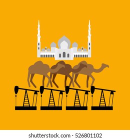 UAE system. Sheikh Zayed Mosque stands on camel and oil rig

