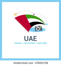 UAE Travel, Discover, Capture logo - Vector travel Photographer logo design - Country Flag Travel, Discover and Photgrapher Conceptual logotype - vector illustration