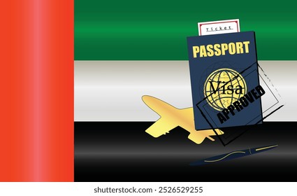 UAE Travel Documentation Concept with blue Passport and United Arab Emirates Flag. Approved Stamp. Airplane and Travel Tickets. Ideal for Immigration Tourism and Traveling Themes. Vector EPS available